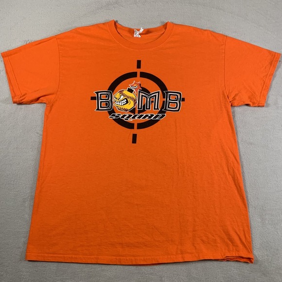 Vintage Bomb‎ Squad Shirt Mens Large Orange Softball Baseball Graphic Tee Cotton - Picture 1 of 7